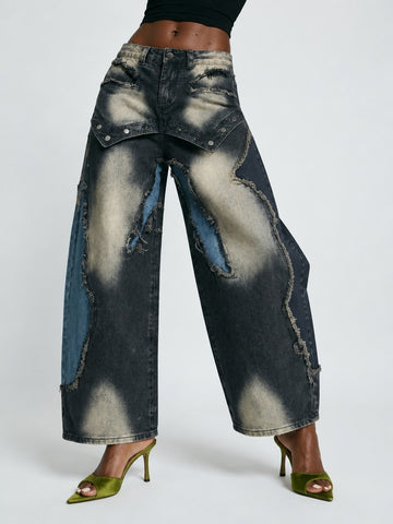 Audacious Patchwork Distressed Wide Jeans