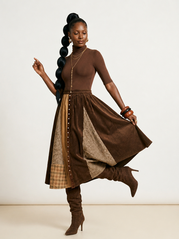 Grounded Plaid Patchwork A-Line Skirt
