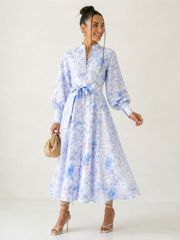 Radiant Floral Lantern Sleeve Maxi Dress