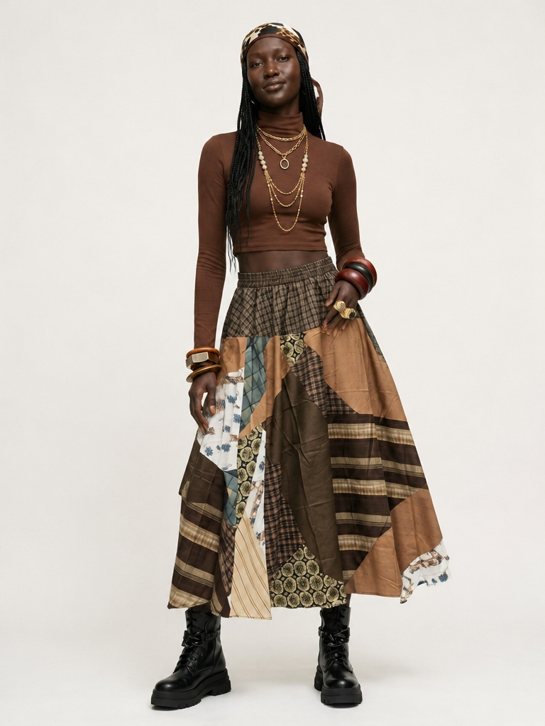 Unique Patchwork Plaid Maxi Skirt