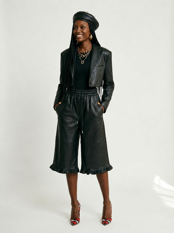 Audacious Cropped Ruffled Leather Pants
