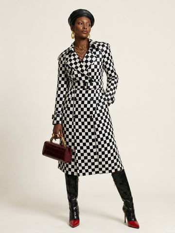 Audacious Checkered Faux Leather Trenchcoat