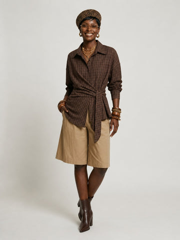 Grounded Plaid Tie-Waist Blouse