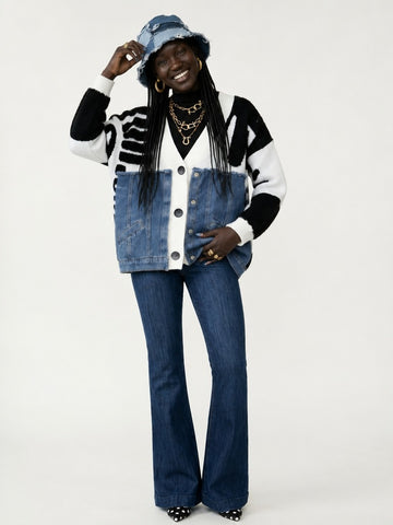 Unique Denim Patchwork Knit Cardigan