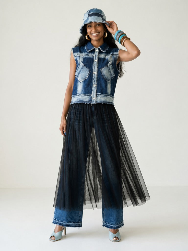 Daring Denim Mesh Blouse