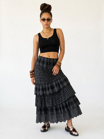 Grounded Plaid Tiered Maxi Skirt