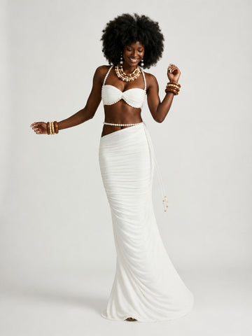Elegant Pearl Ruched Two-Piece Set