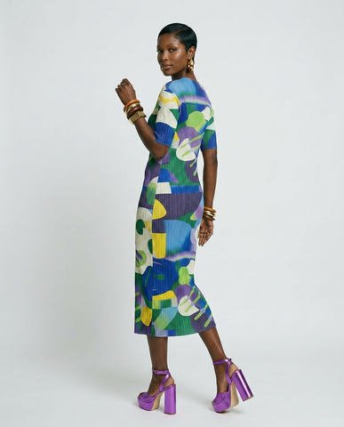 Vibrant Abstract Pleated Midi Dress