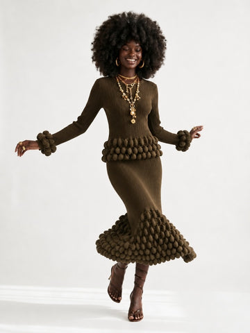 Elegant Pleated Ball Detail Two-Piece Set