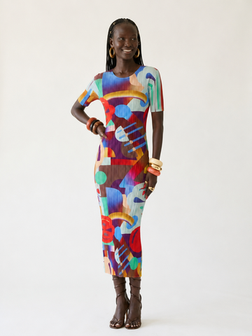 Spirited Geometric Pleated Maxi Dress