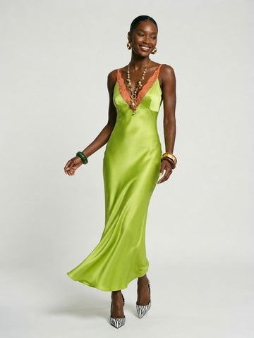 Radiant Satin Lace Trim Maxi Dress