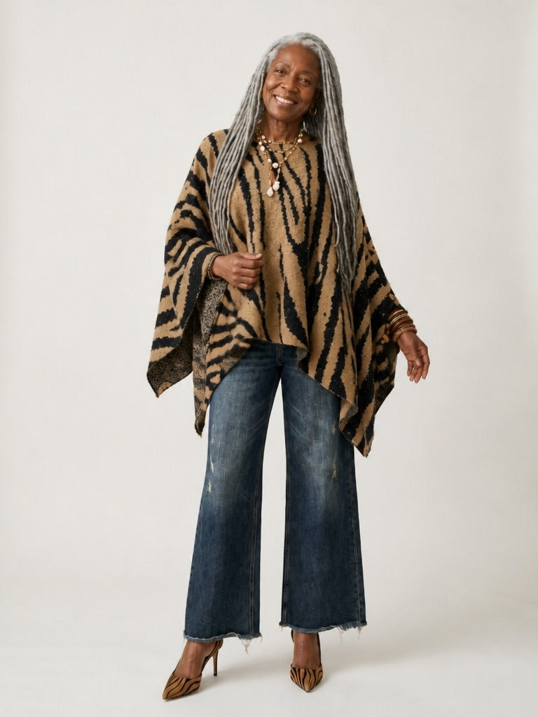 Fierce Zebra Print Knit Poncho