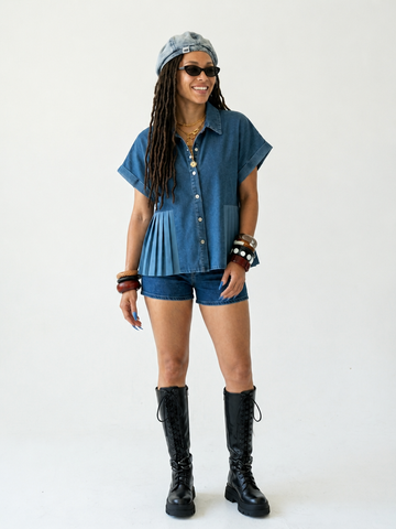 Free Spirit Pleated Denim Blouse