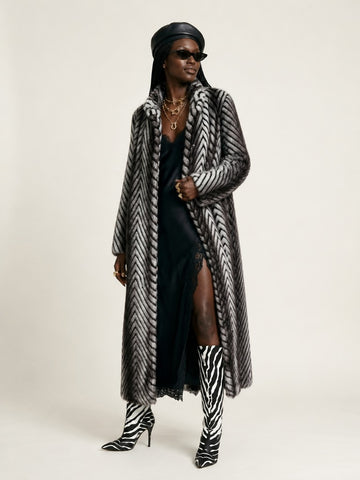 Elegant Faux Fur Striped Maxi Coat