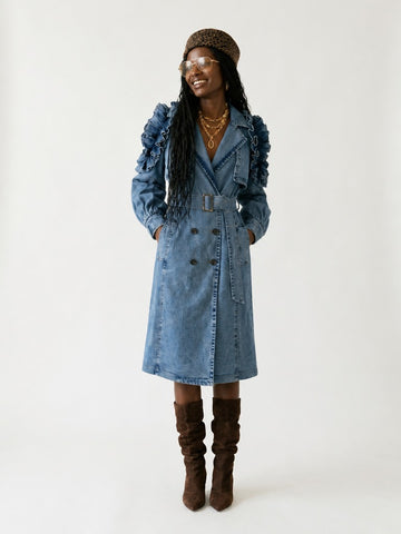Audacious Ruffled Denim Trench Coat