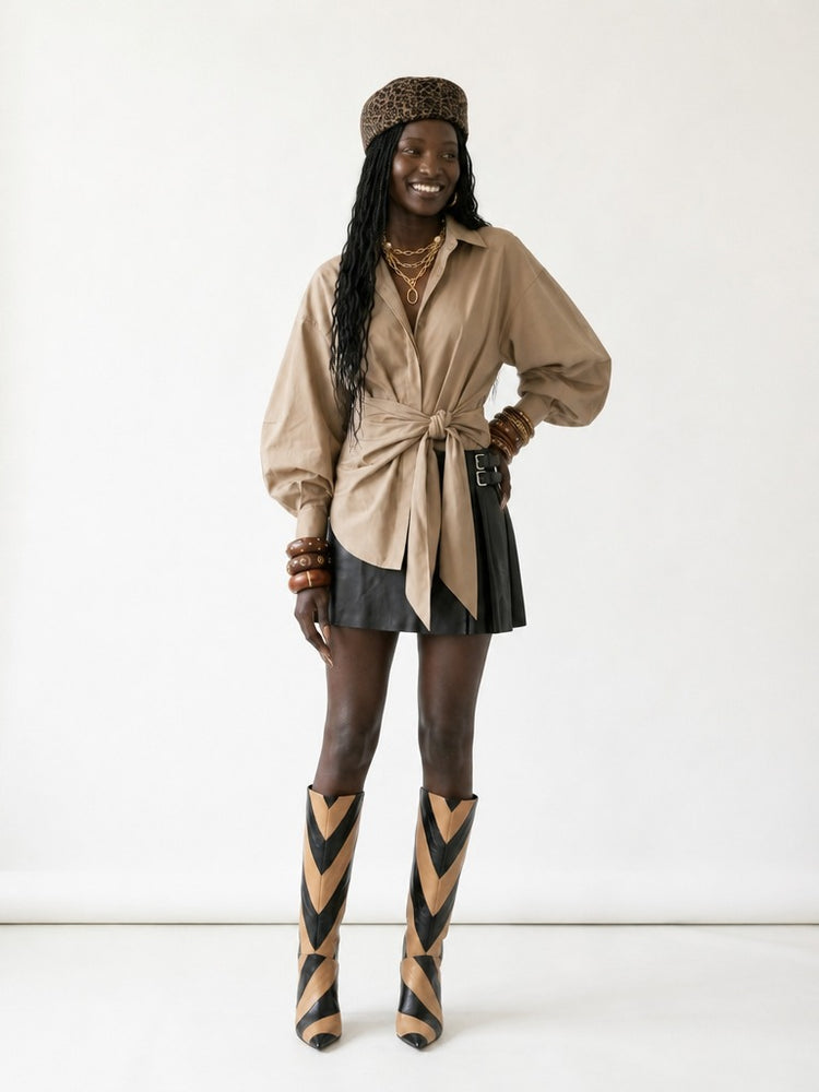 Elegant Oversized Tie-Belt Blouse