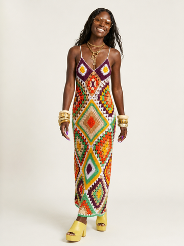 Vibrant Crochet Patchwork Maxi Dress