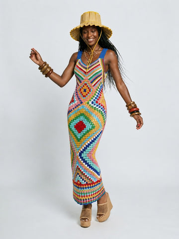 Vibrant Crochet Knit Maxi Dress