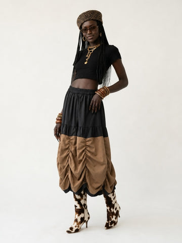 Grounded Ruched Two-Tone Midi Skirt