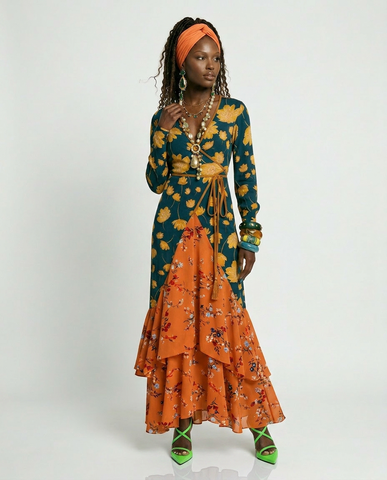 Wanderlust Patchwork Ruffled Maxi Dress