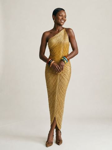Radiant Gold Ruched Maxi Dress