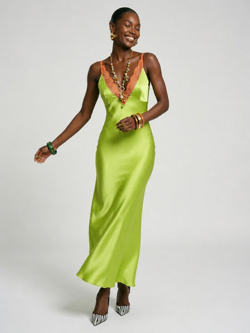 Radiant Satin Lace Trim Maxi Dress