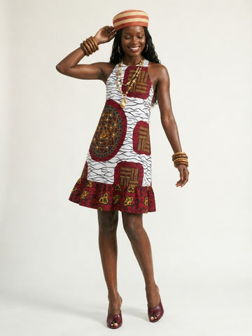 Nnem Bloom Ankara Cotton Midi Dress - White & Red Print