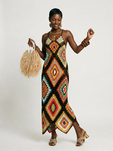 Vibrant Crochet Geometric Maxi Dress