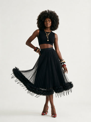 Audacious Pleated Mesh Tassel Skirt