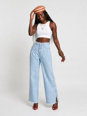 Audacious Studded Slit Wide Leg Jeans