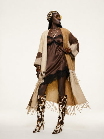 Grounded Geometric Tassel Knit Coat