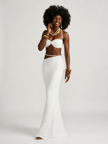 Elegant Pearl Ruched Two-Piece Set