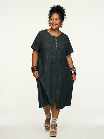 Unique Denim Topstitched Maxi Dress
