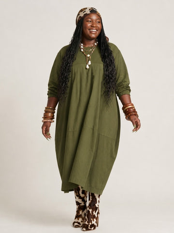 Grounded Green Loose Midi Dress