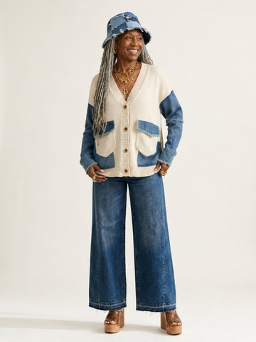 Unique Patchwork Knit Denim Cardigan