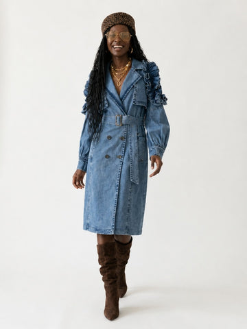 Audacious Ruffled Denim Trench Coat