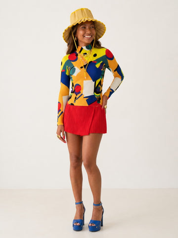 Vibrant Printed Pleated Longsleeve Top