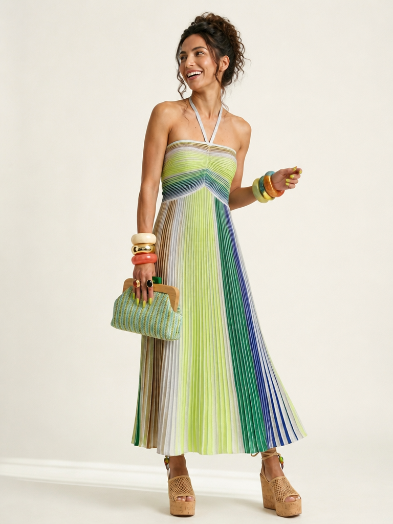 Elegant Striped Halter Knit Maxi Dress
