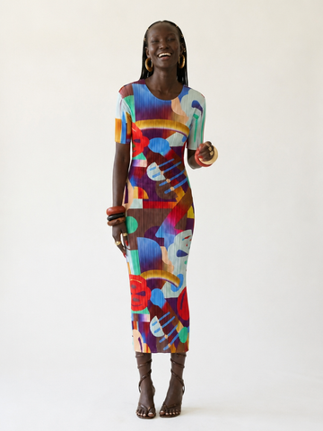 Spirited Geometric Pleated Maxi Dress