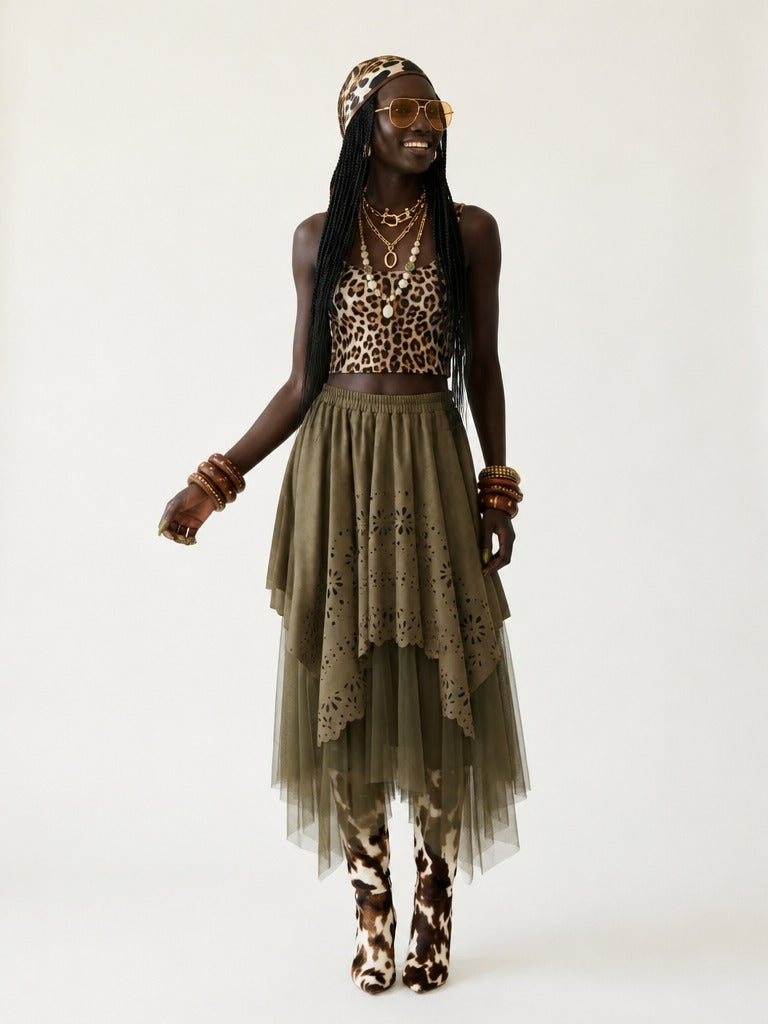 Grounded Faux Suede Mesh Skirt