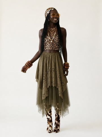 Grounded Faux Suede Mesh Skirt