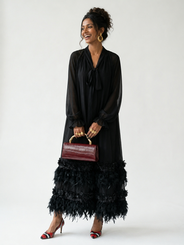 Divine Chiffon Feather Trim Maxi Dress