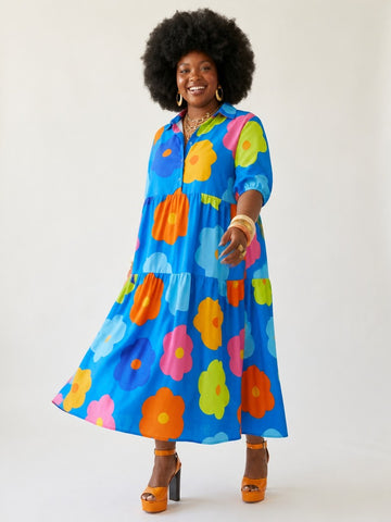 Vibrant Floral Printed Loose Maxi Dress