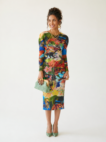 Vibrant Pleated Printed Maxi Dress