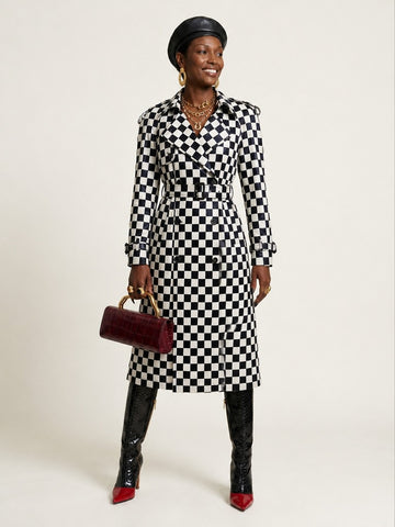 Audacious Checkered Faux Leather Trenchcoat