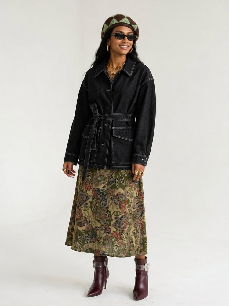 Confident Black Belted Denim Jacket