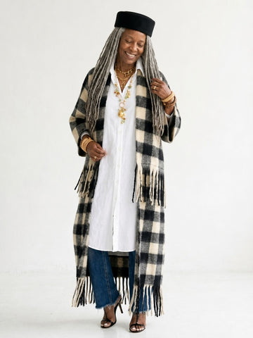 Grounded Plaid Tassel Long Coat