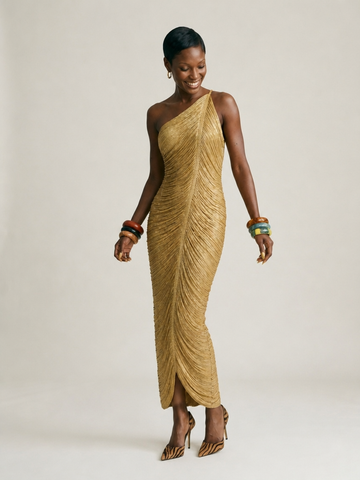 Radiant Gold Ruched Maxi Dress