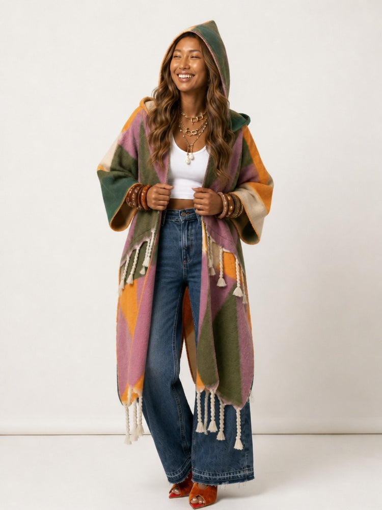 Vibrant Geometric Tassel Hooded Kaftan