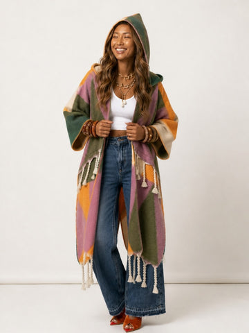 Vibrant Geometric Tassel Hooded Kaftan